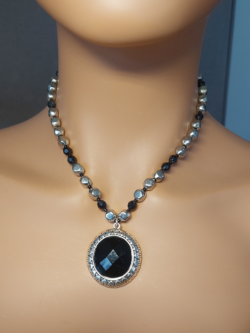Napier Black and Silver Beaded Pendant Necklace